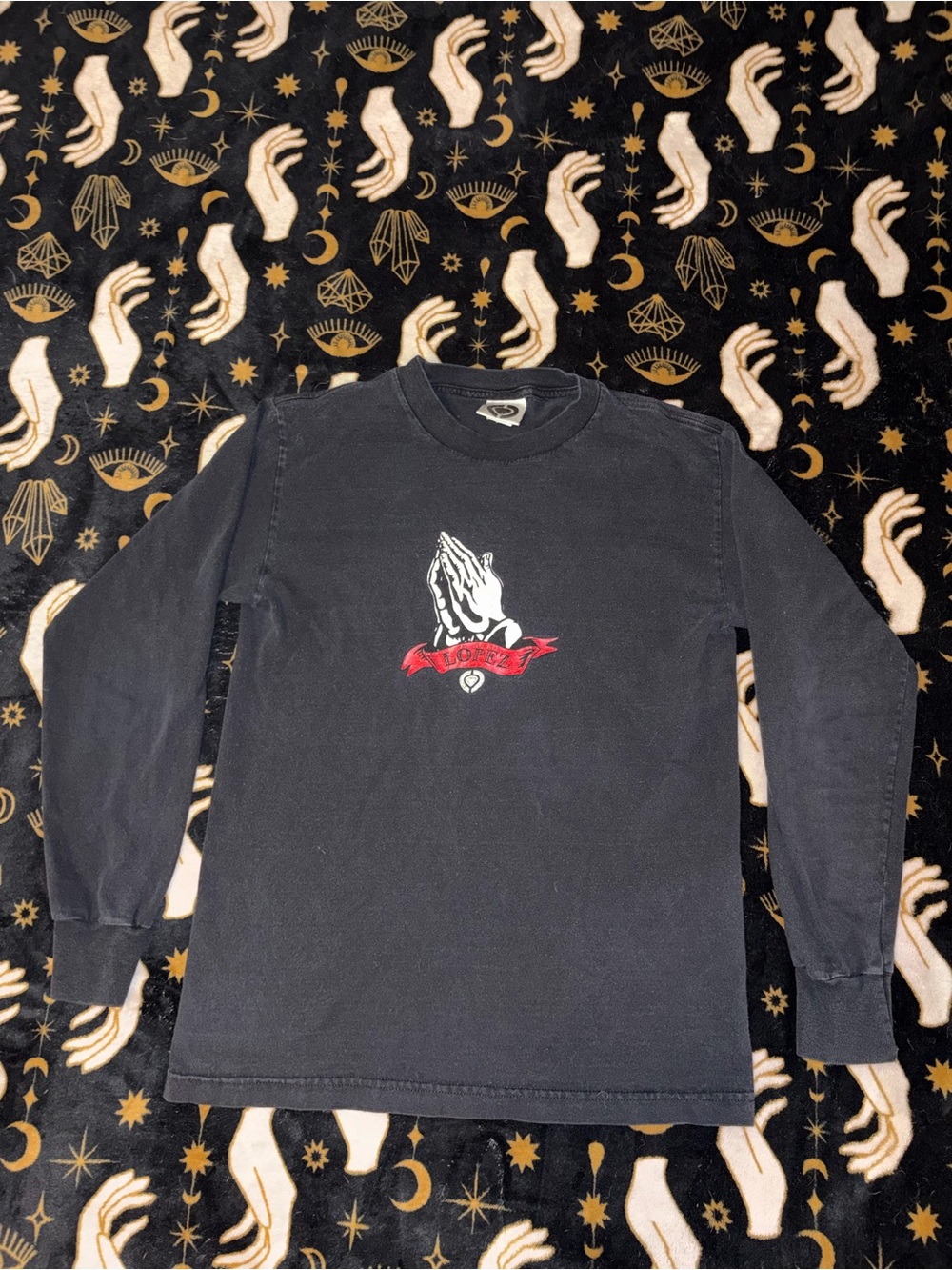 Mens Long-Sleeve Circa Adrian Lopez Graphic Tee - Black with Praying Hands